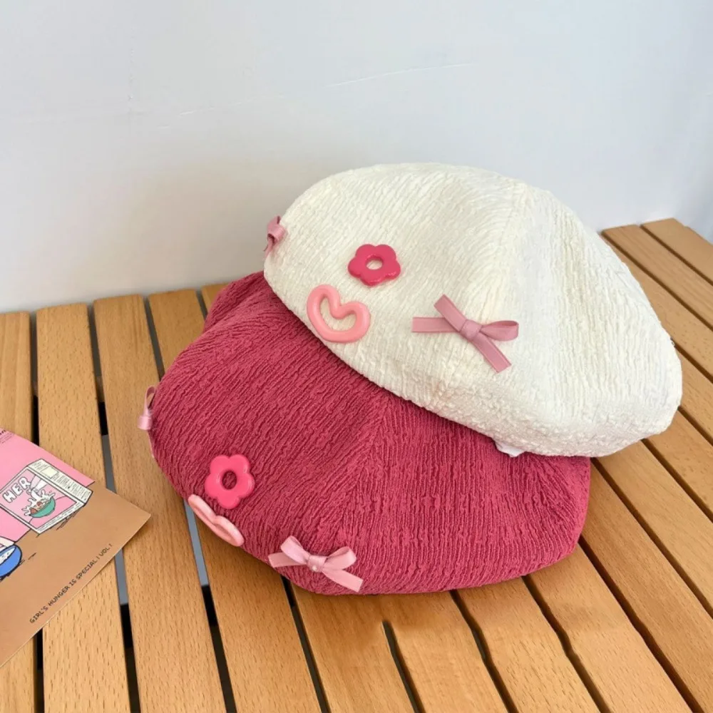 

Casual Korean Style Bow Berets Cap Flower Colorful Pumpkin Hat Soft Cute Painter Hat Spring Summer