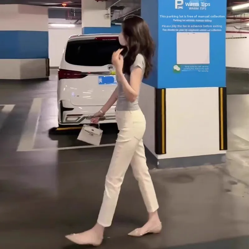 

High Waist Straight Leg Jeans Women Short Stature Slim Fit Skinny Nine Tenths 145cm Smoke Tube Summer Cotton Stretch Denim