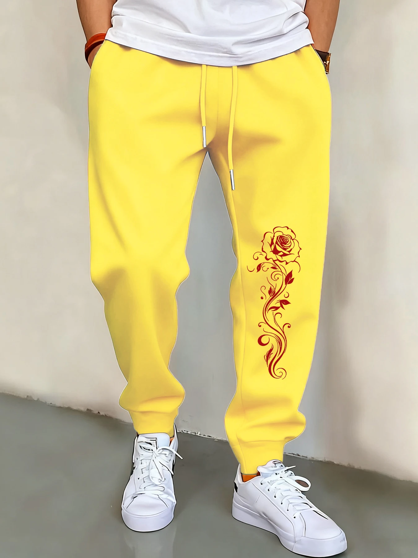 

Beautiful Red Rose Print Men Basics Pants Warm Drawstring Joggers Pant All-Match Pocket Sweatpant Fleece Unisex Retro Trousers