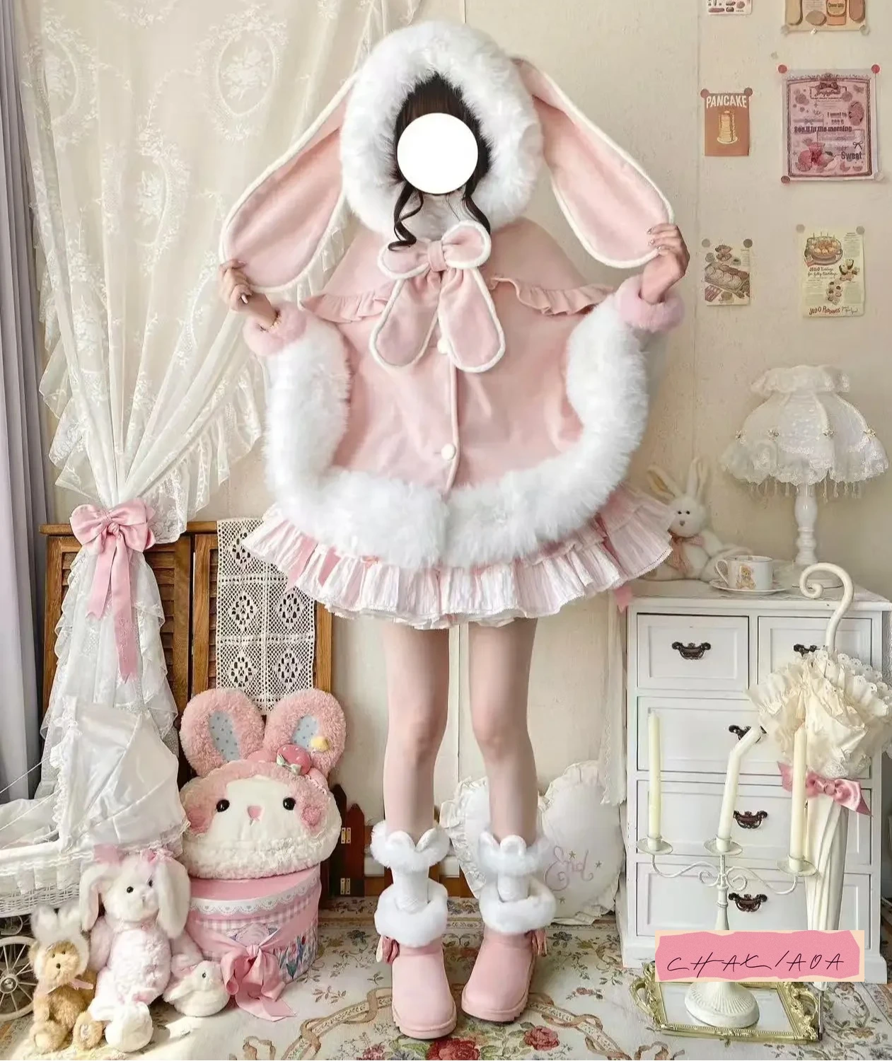 

Зимняя новая оригинальная шерстяная накидка в стиле Лолиты с капюшоном, милая утолщенная теплая шаль с бантом и кроличьими ушками, милая куртка с карманами для женщин