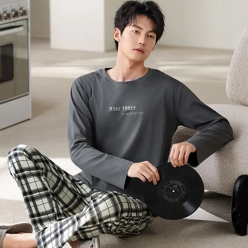 

Весна 2024, хлопковые пижамные комплекты больших размеров с длинными рукавами для мужчин, корейская свободная одежда для сна, мужская одежда для дома, домашняя одежда, домашняя одежда