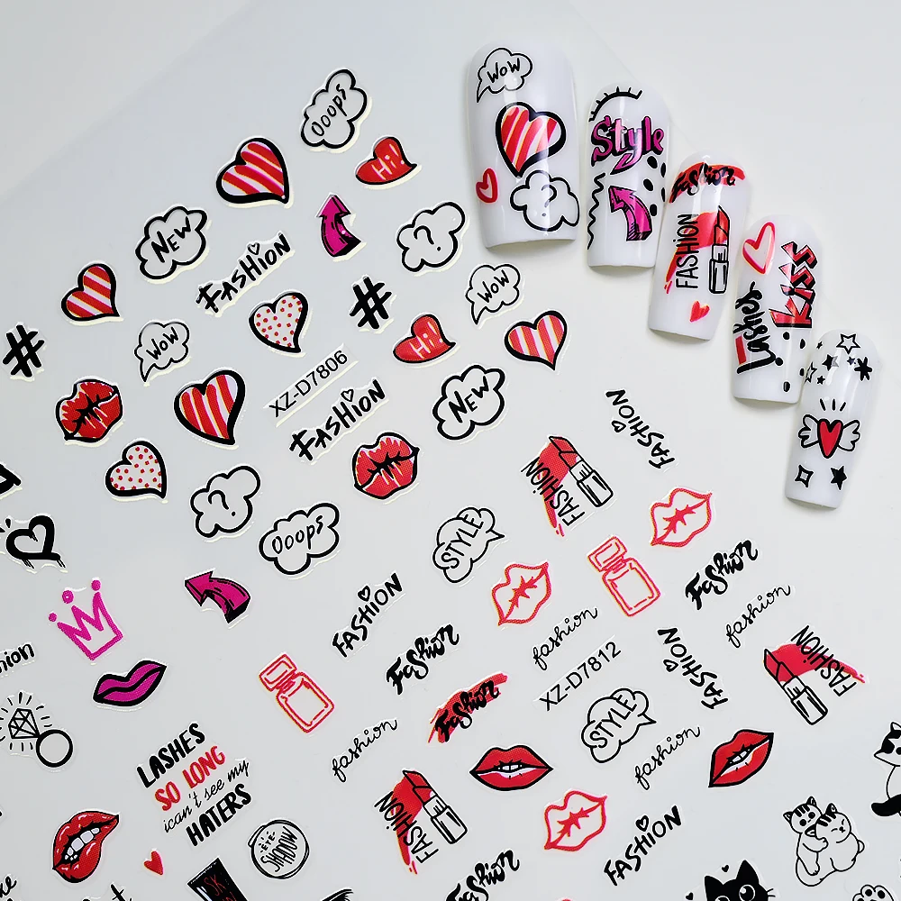 30 Uds. De pegatinas para decoración de uñas de animales con grafiti de dibujos animados, diseño de gato negro/perro/lábios rojos Kawaii, calcomanías para uñas DIY, deslizadores de manicura Punk