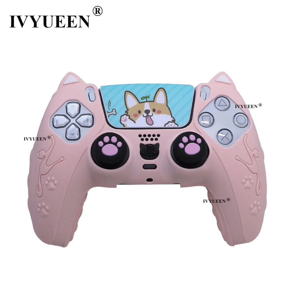 Ivyueen cravejado capa de silicone capa de pele para playstation 5 ps5 pro controlador fino touch pad adesivo para dualsense bonito gato pata