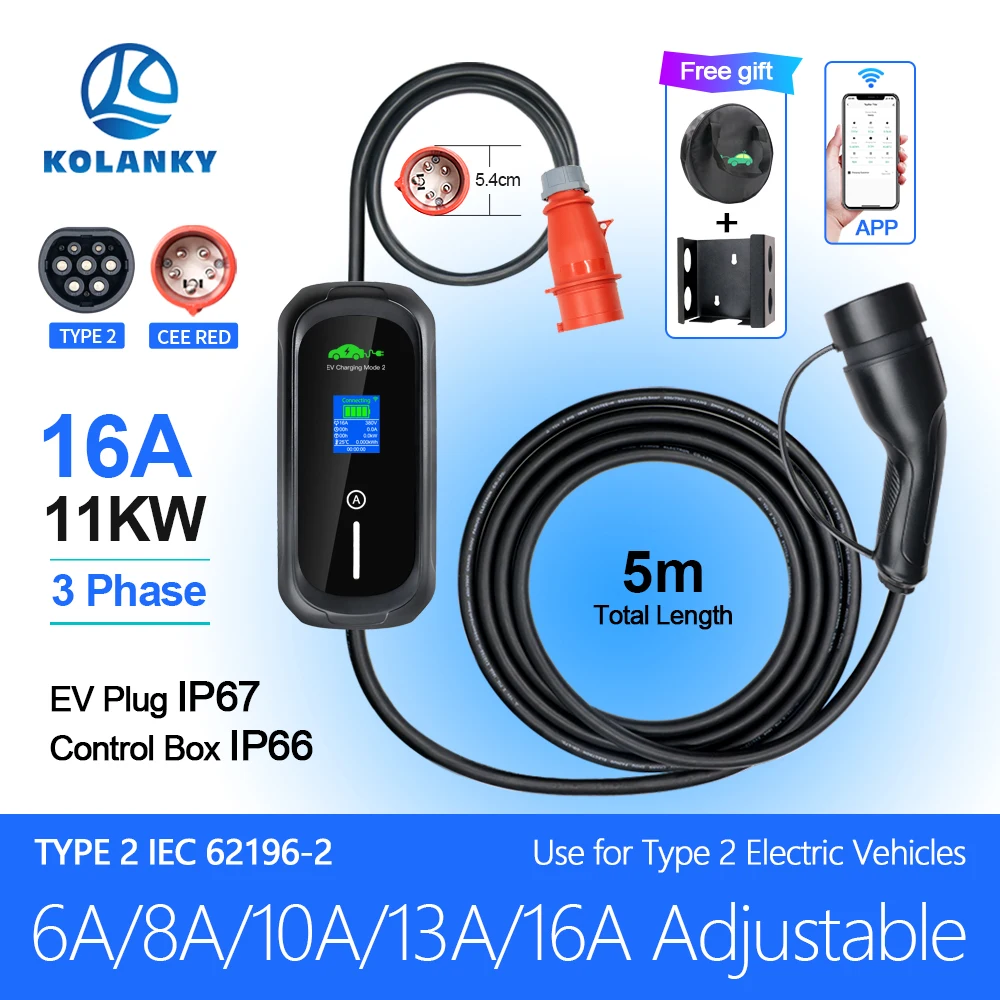 Kolanky 16A 11KW Portable Electric Vehicle EV Charger Type 2 APP Wifi Control Set IEC62169 Charging Time PHEV Hybrid Car 5M