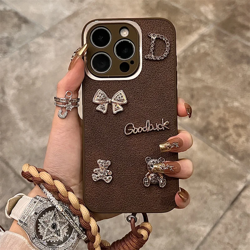 럭셔리 가죽 엠보싱 패턴 휴대폰 케이스, 아이폰 15, 14, 13, 12 프로 맥스, 패션 타이드 핫 골드 레터, 단색 커버