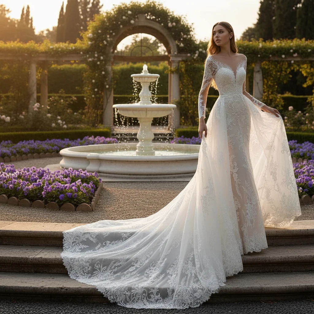 

Elegant Mermaid Wedding Dress V-Neck Long Lace Sleeve Appliques Detachable Train Bridal Gown Customizable Vestidos De Novia