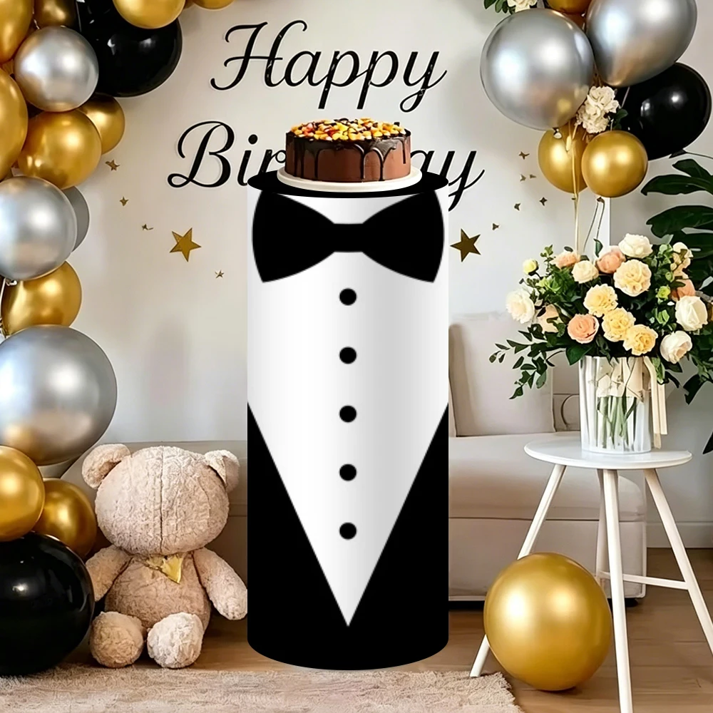 Black Suit Bow Tie Cylinder Stand Cover Boss Baby Birthday Party Decor Boy Father's Day Portrait Elastic Dessert Table Covers
