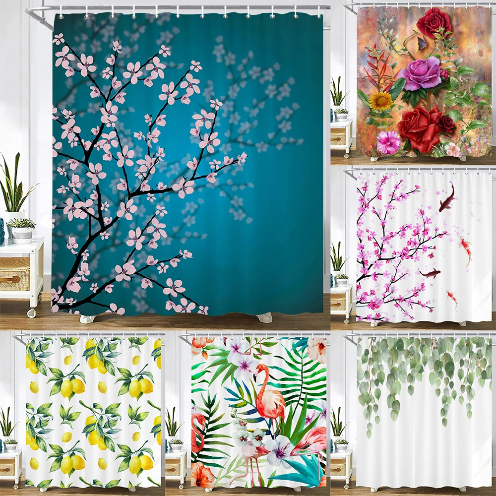 

Beautiful Colorful Flower Floral Printed Shower Curtains Frabic Waterproof Polyester Cherry Blossoms Bath Curtain With Hooks