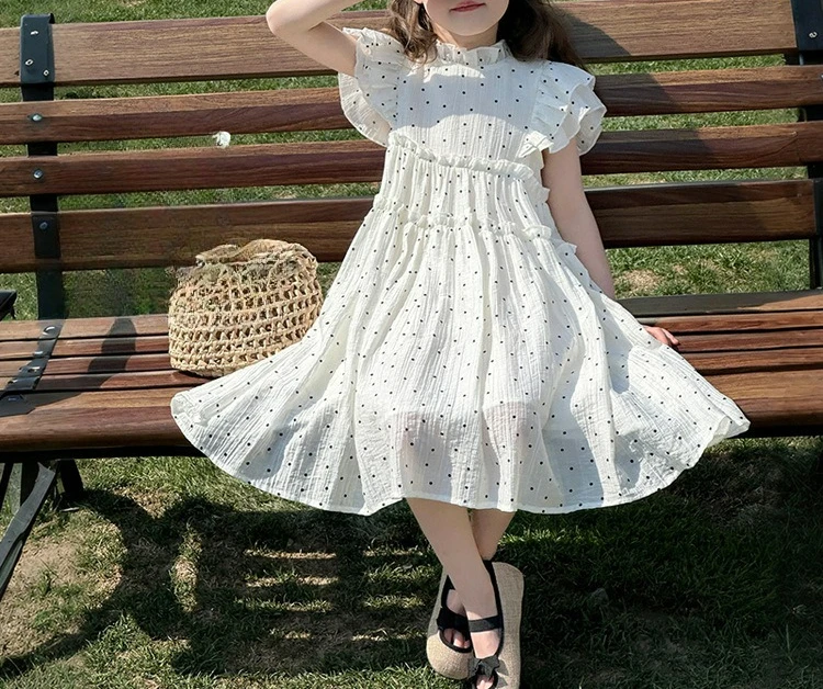 2025 Summer Girls' Dress New Wrinkle Wave Point A-line Large Skirt Princess Skirt