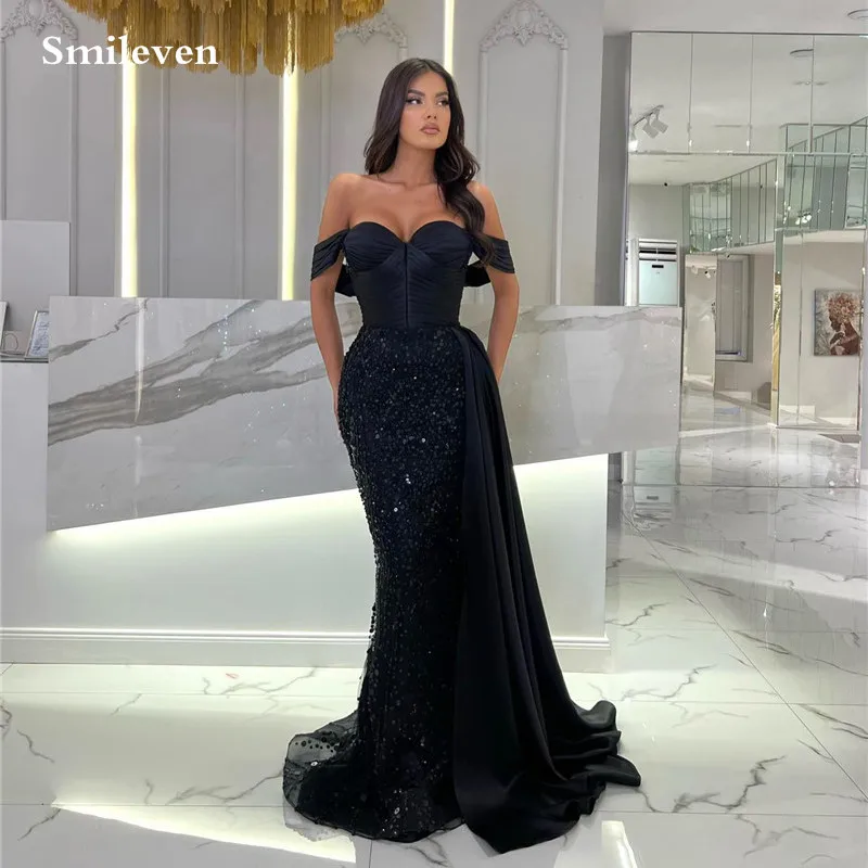 

Smileven Black Sequin Mermaid Evening Dresses Sweetheart Pleats Party Dress Off The Shoulder Cocktail Gowns Plus Size