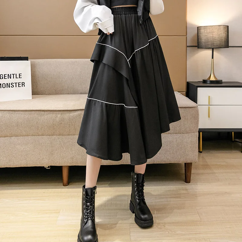 Korean Style Midi Skirt Women Fashion Casual Retro Black Pleated Skirts for Womens Irregular Stylish Elegant Faldas