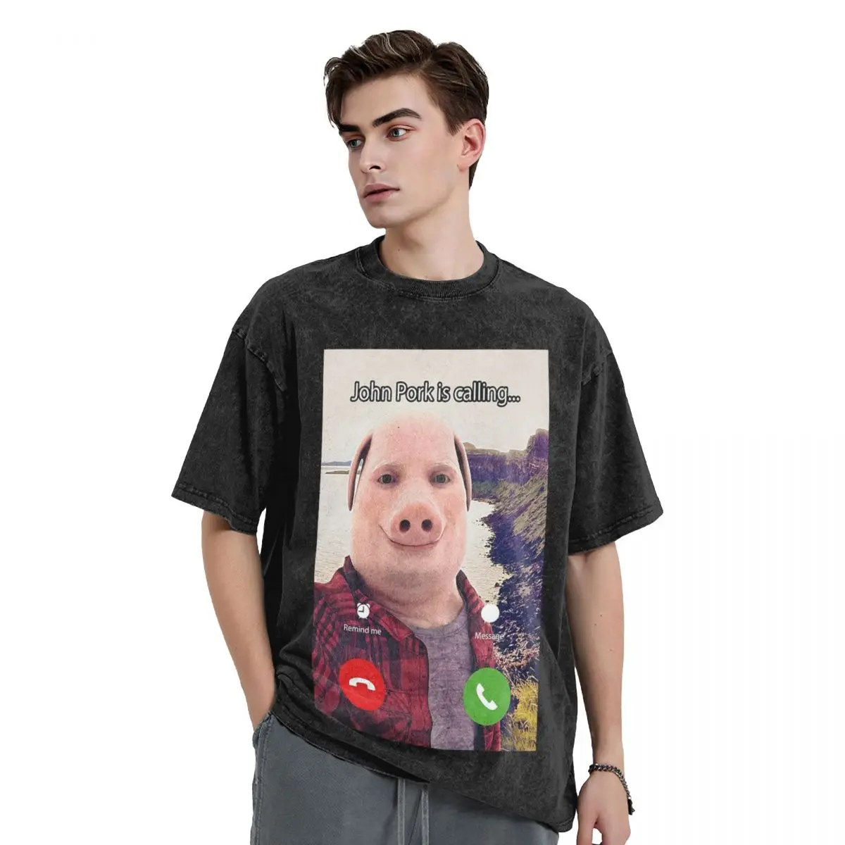 John Pork Is Calling Answer Call Phone Washed T Shirts Vintage Short Sleeve Hip Hop T-Shirt Streetwear Tops Tees for Men Women