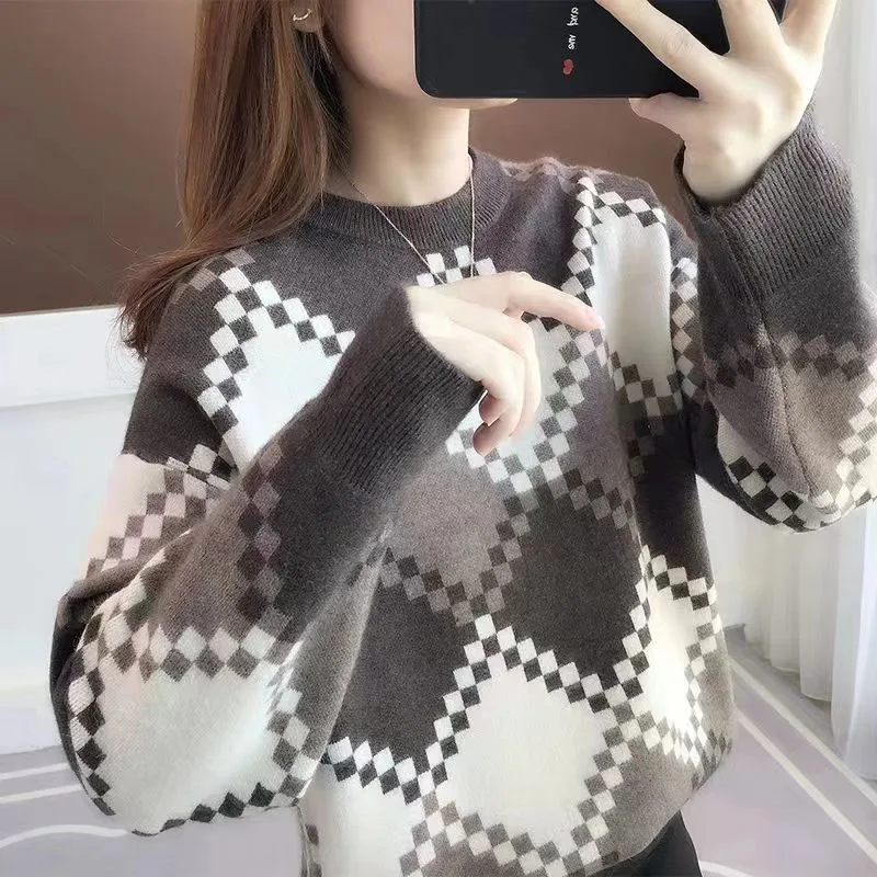 New Autumn/Winter Fashion Korean Edition Spliced Colored Round Neck Loose and Versatile Foreigner Women\'s Long Sleeve Sweater