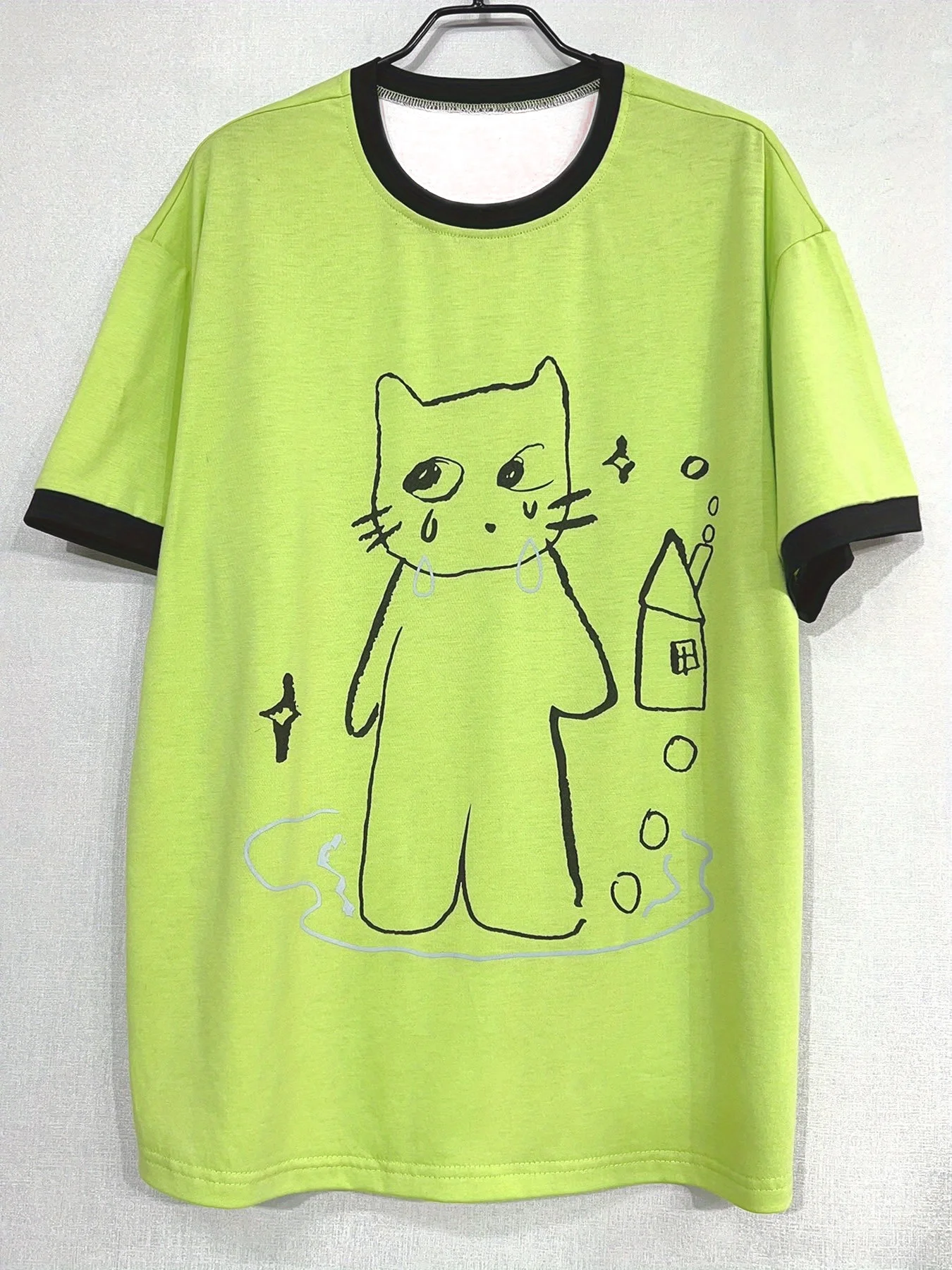 2026 Damen T-Shirt in Limettengrün mit kurzen Ärmeln, minimalistischer Skizze, weinender Katze und Hausmotiv, Rundhalsausschnitt, lockere Streetwear-Bluse, Kinder – Detail 6