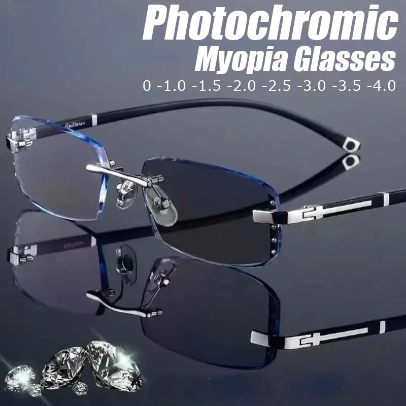 

Business Photochromic Myopia Glasses for Men Diamond Cut Rimless UV400 Luxury Eyeglasses Color Changing Diopters -1.0 To -4.0