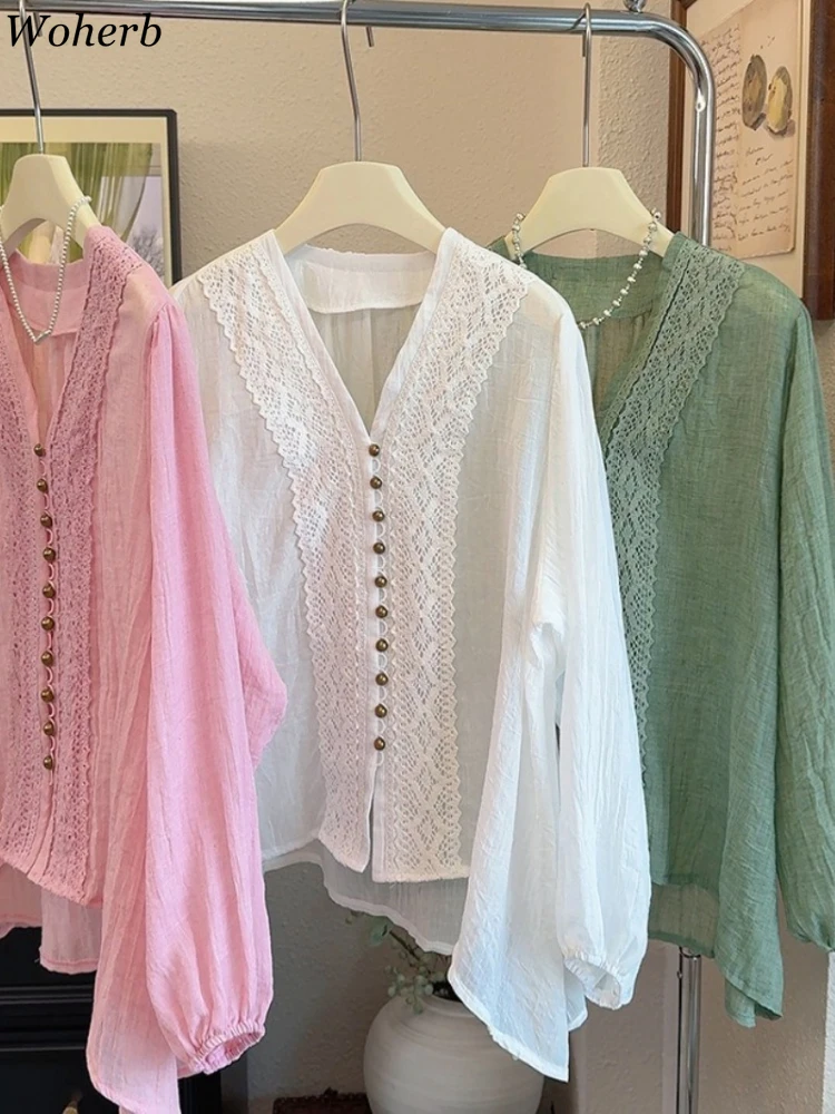 

2025 Camisas De Mujer Lace Patchwork Shirts Women Clothing Single Breasted Loose Vintage Tops V Neck Long Sleeve Korean Blouses