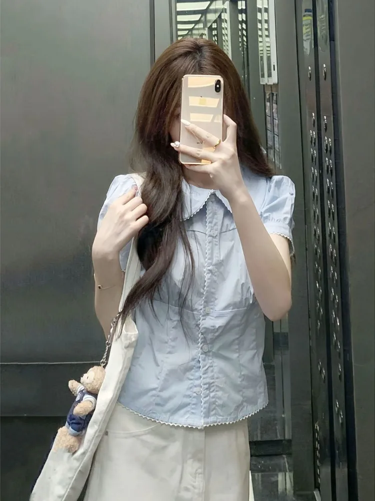 Kimotimo Japanese Sweet Short Sleeve Shirts Women Peter Pan Collar Slim Button Crop Top 2026 New Simple Solid Versatile Blouse