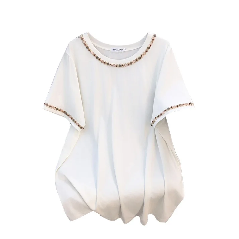 170kg plus size busto feminino 170 verão solto manga curta o pescoço diamante cravejado camiseta preto branco 4xl 5xl 6xl 7xl 8xl 9xl