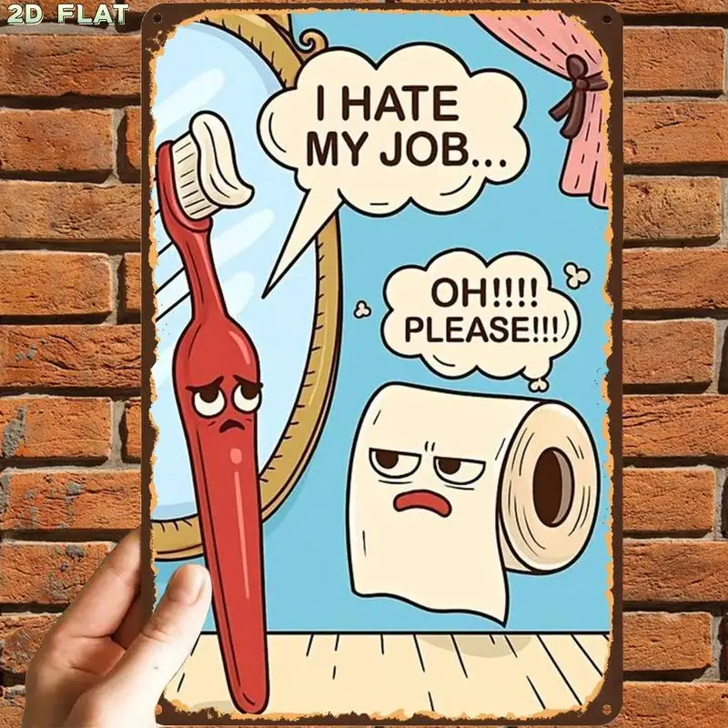 2D Flat 1pc Vintage Toothbrush & Toilet Paper Funny Art Print Metal Tin Plaque, Retro Decorative Metal Wall Art, Indoor Garden O