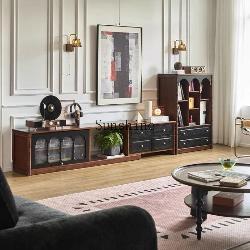 

French retro solid wood TV cabinet coffee table combination household, small apartment floor, storage