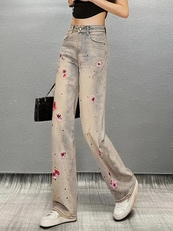 

Spring New Arrival Women's Slim Straight Denim Jeans Embroidered Printed Heavy Embellished Wide Leg Long Pants Casual Style