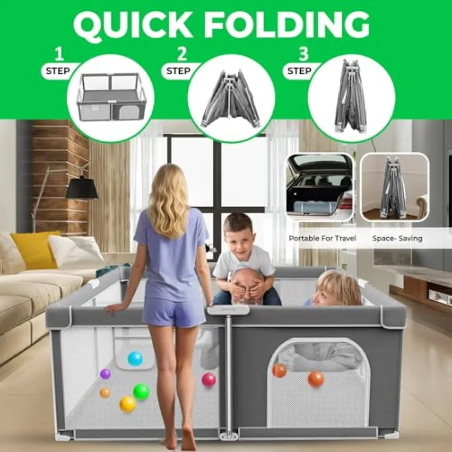 Foldable Baby Playpen with Mat Large 71"x59" Easy Installation Collapsible Play Yard for Babies and Toddlers Breathable Mesh An