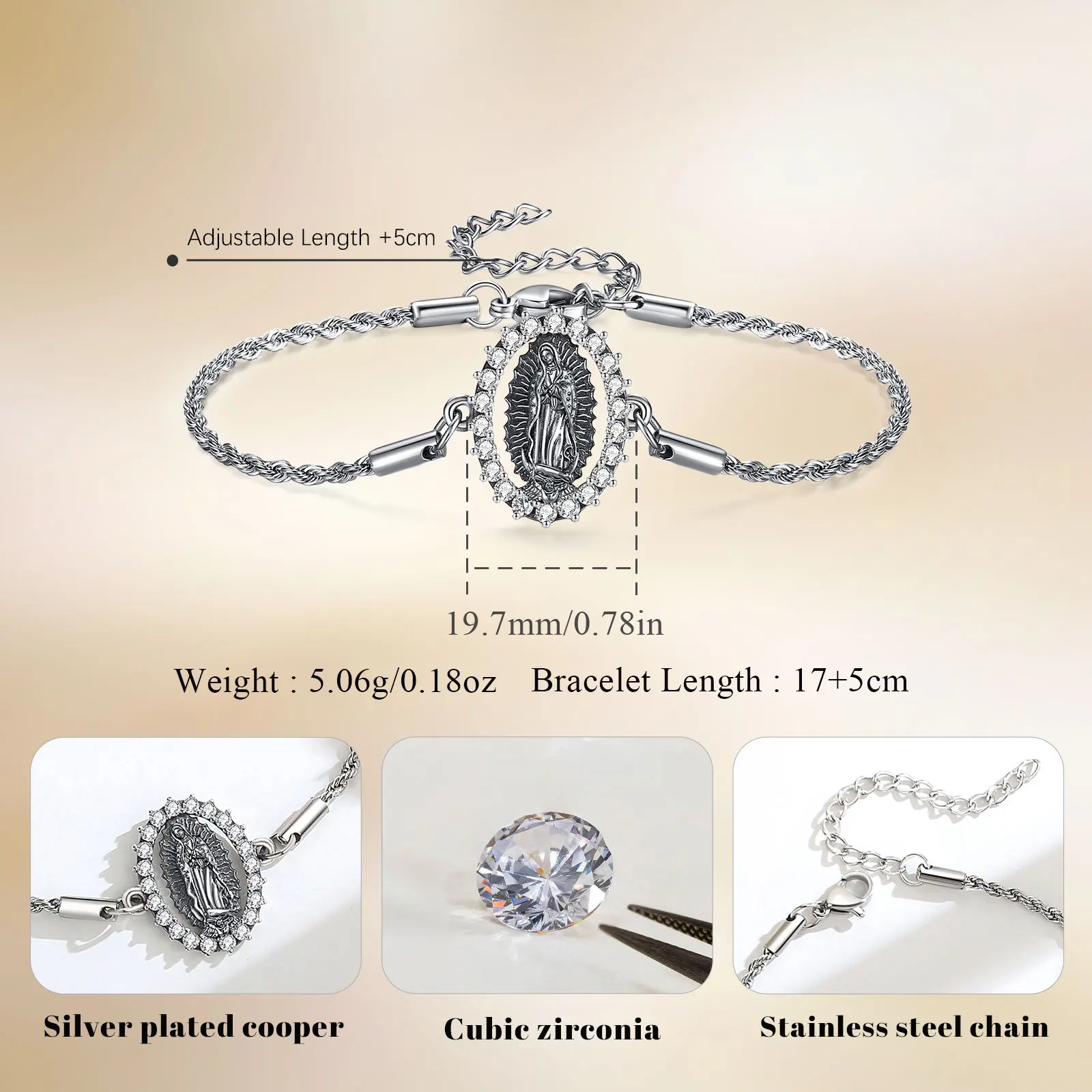 Eudora Copper Virgin Mary Bracelet Fine Zircon Mother of God Religious Bracelet Protection Jewelry Festival Gift  for Woman Men
