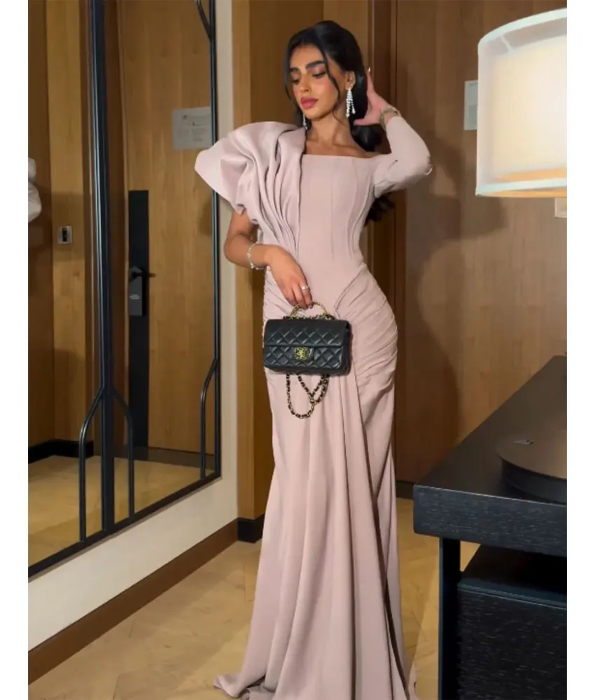 Abito da sera a sirena in jersey grazioso personalizzato, maniche lunghe, scollo quadrato, lunghezza del pavimento, فستانmavera