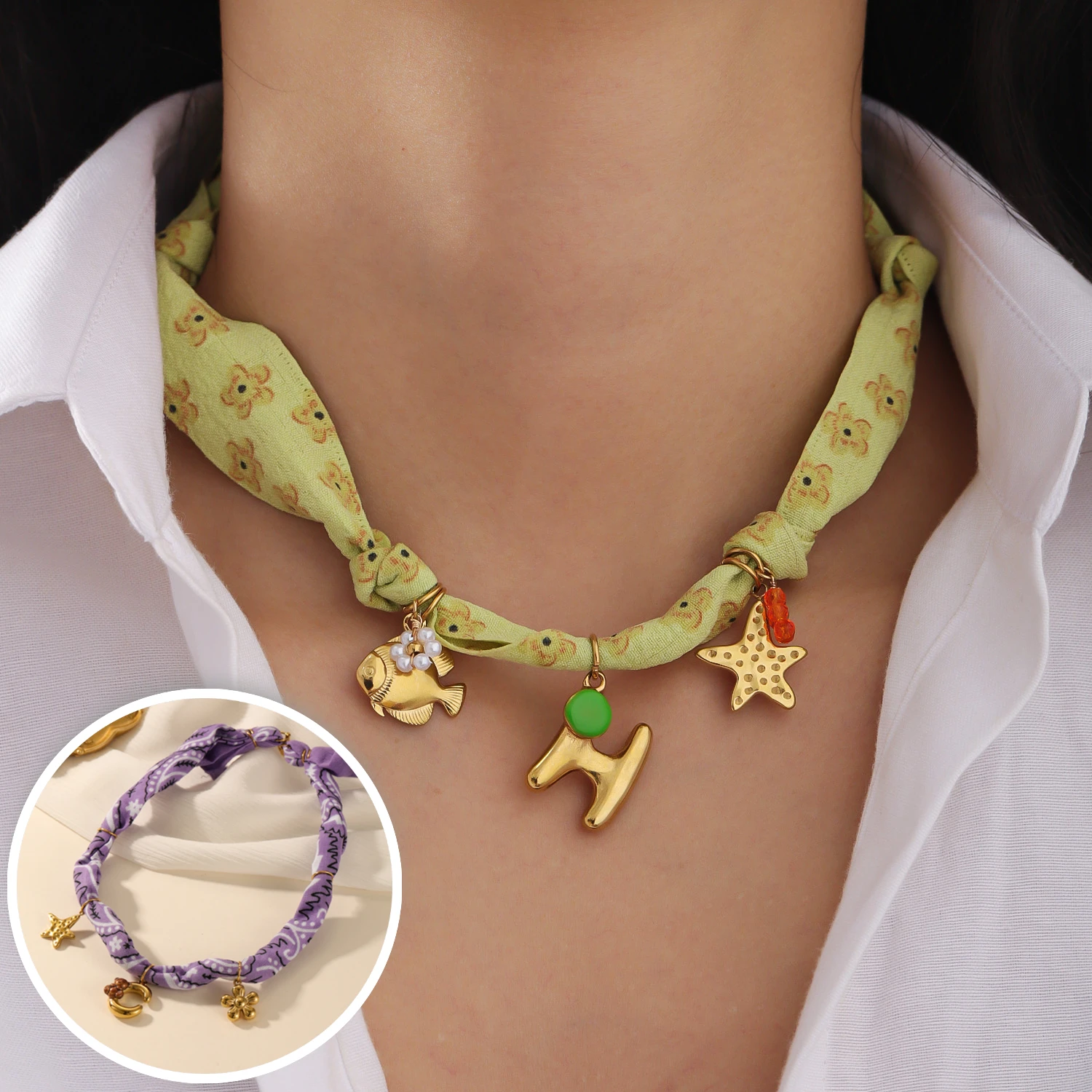 

Custom Handmade Initial Letter Necklace New Colorful Silk Scarf with Fruit Pendant Waterproof Bohemian Holiday Jewelry for Women