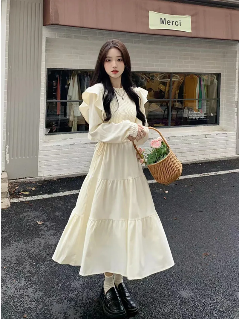 

French fairy temperament fashionable ruffle edge dress autumn 2024 new gentle style milk sweet waist princess long dress 3BWW