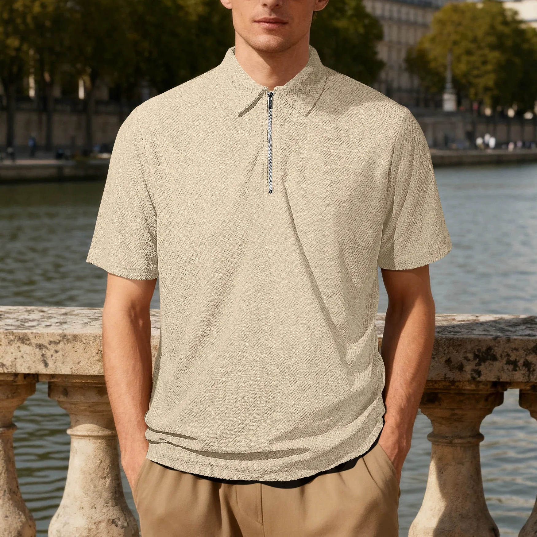 Men's Herringbone Textured Zip Polo Shirt Short Sleeve Turn-Down Collar Half Zip Casual Business Top