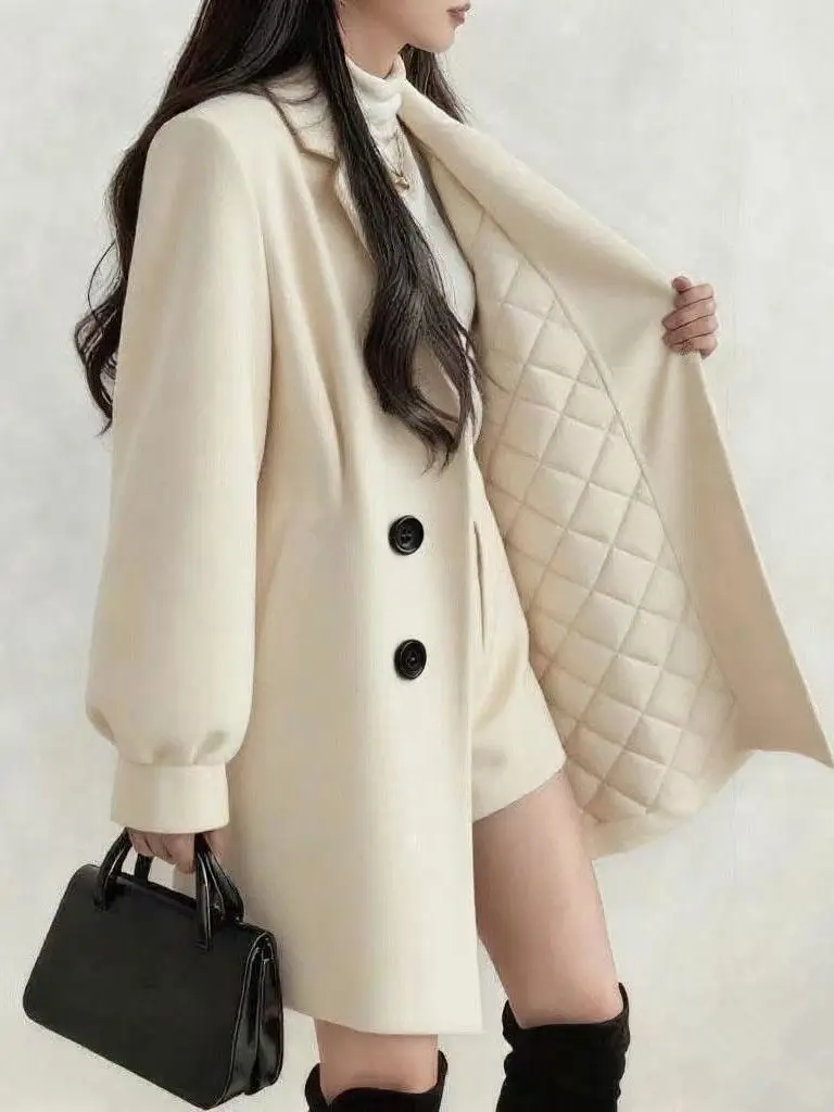 Thickened Cotton Lined Black Woolen Coat Women's Mid-Length Autumn Winter Small Size Stylish Short Tweed Windbreaker