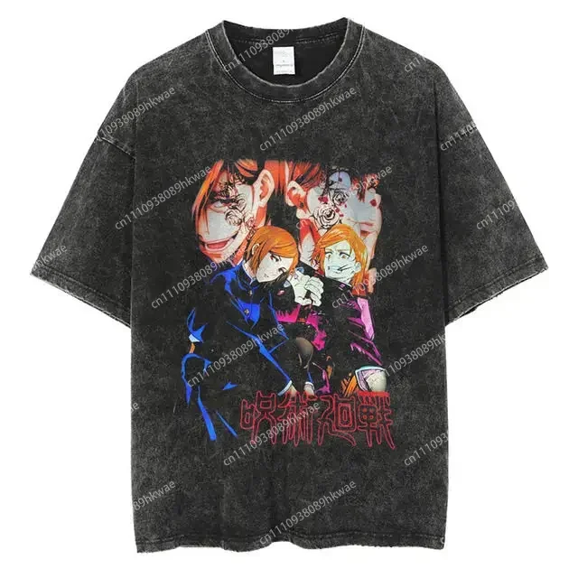 Jujutsu Kaisen Tshirt Streetwear Washed Black Oversized Short Sleeve Casual Daily Wear Gojo Satoru & Six Eyes Unlimited Void Art