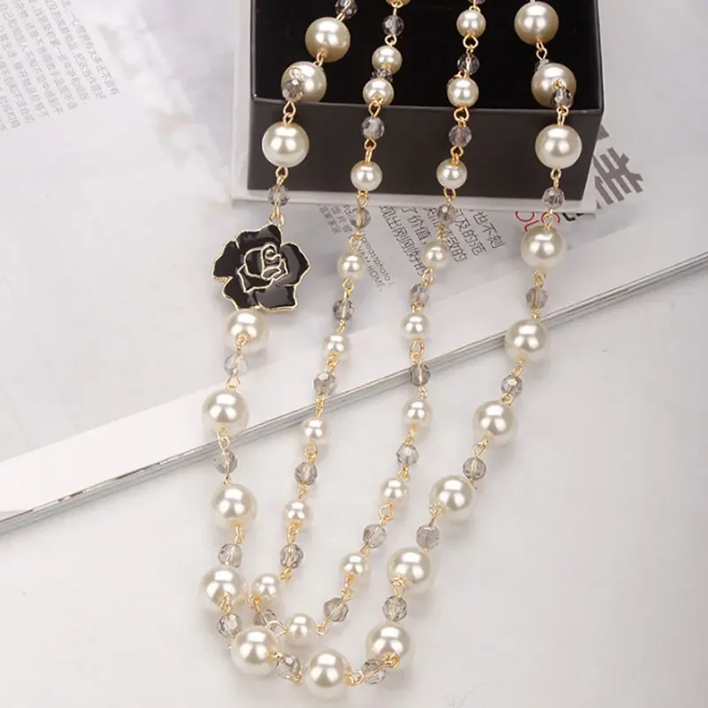 Luxury Camellia CC double layerd Necklace sweater long chain pearl necklace pendant jewelry for women party