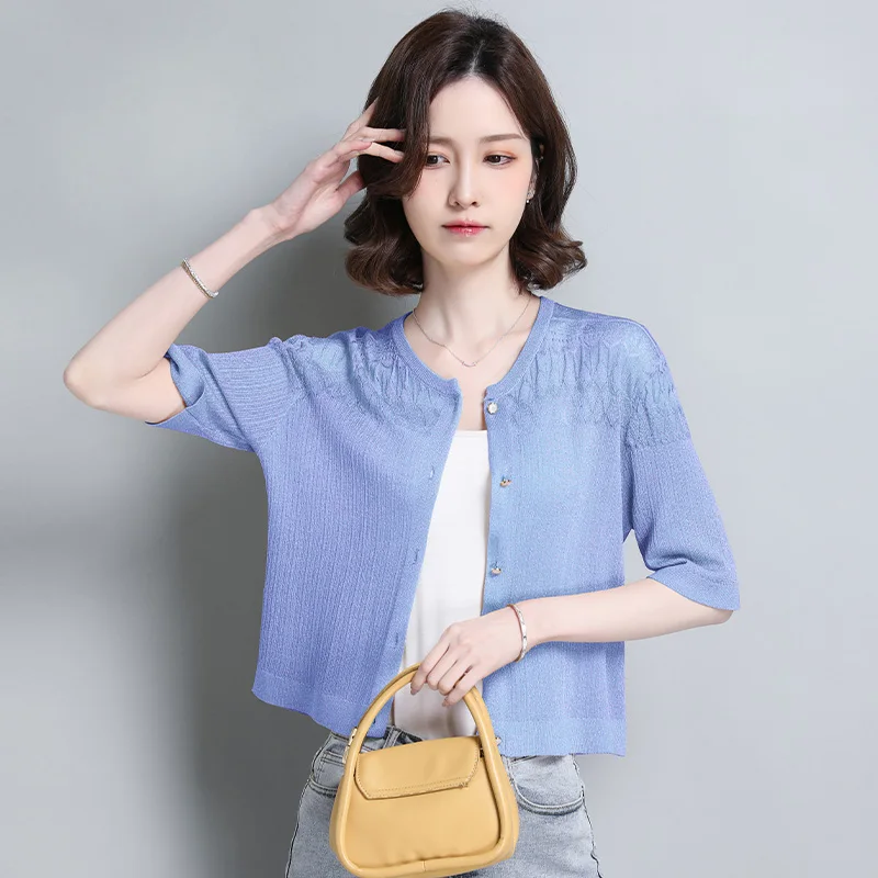 Women Single Breasted Thin Cardigan Summer regenerated cellulose fiber Knitwear Ladies air conditioning Coat Knitting Outwear