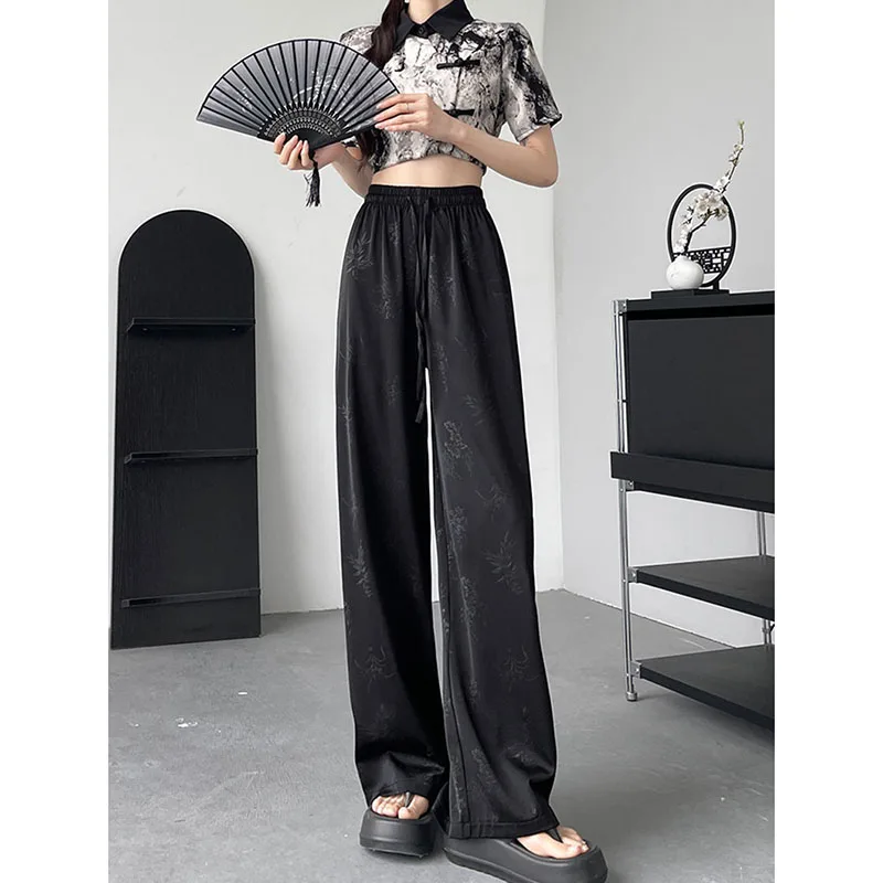 High End Satin Wide Leg Pants Women Vintage Emboss Flower Loose Long Trousers Female New Summer Casual Breathable Ice Silk Pants