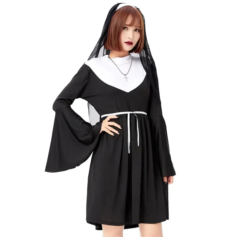 Halloween Costume Women's Nun Costume Traditional Adult Sister Black Robe Religious Costumes CosplayHalloween Costumes for Women