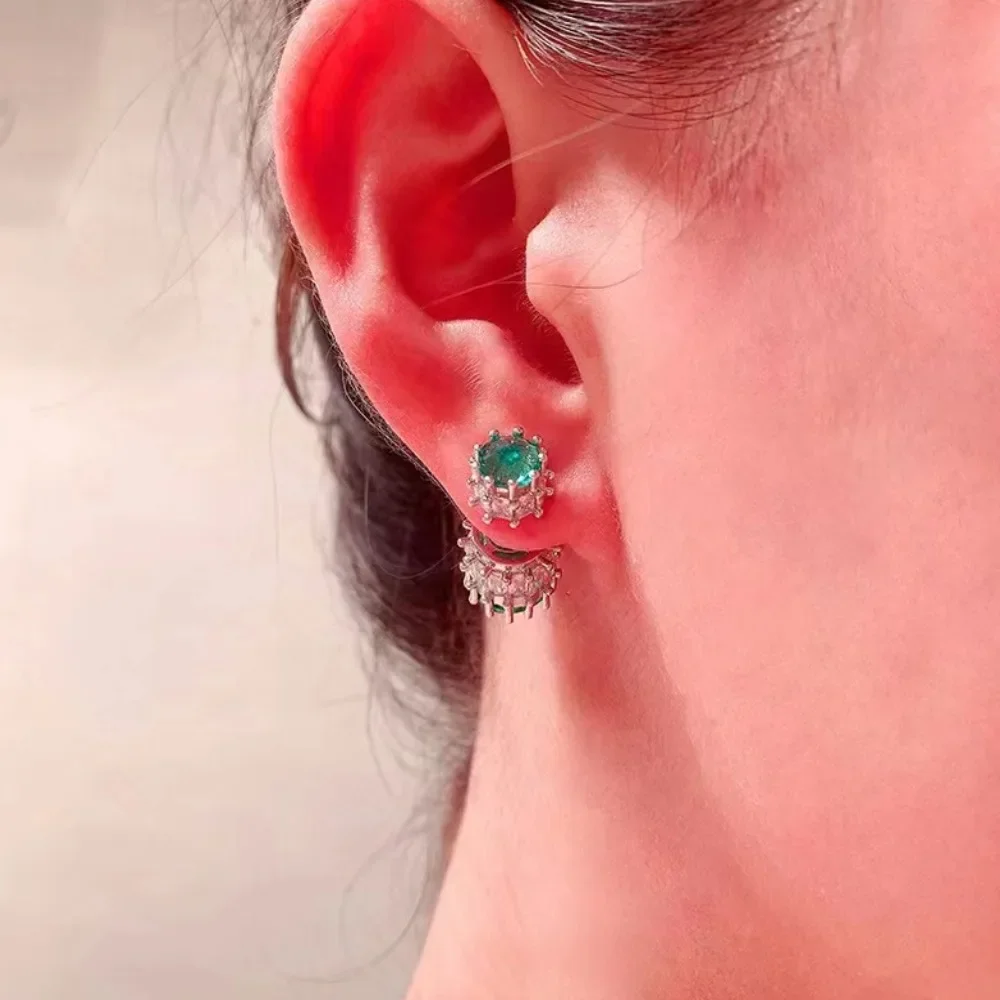 Green zircon earrings, earrings that can be worn both front and back, exquisite and beautiful women's jewelry, birthday gifts.