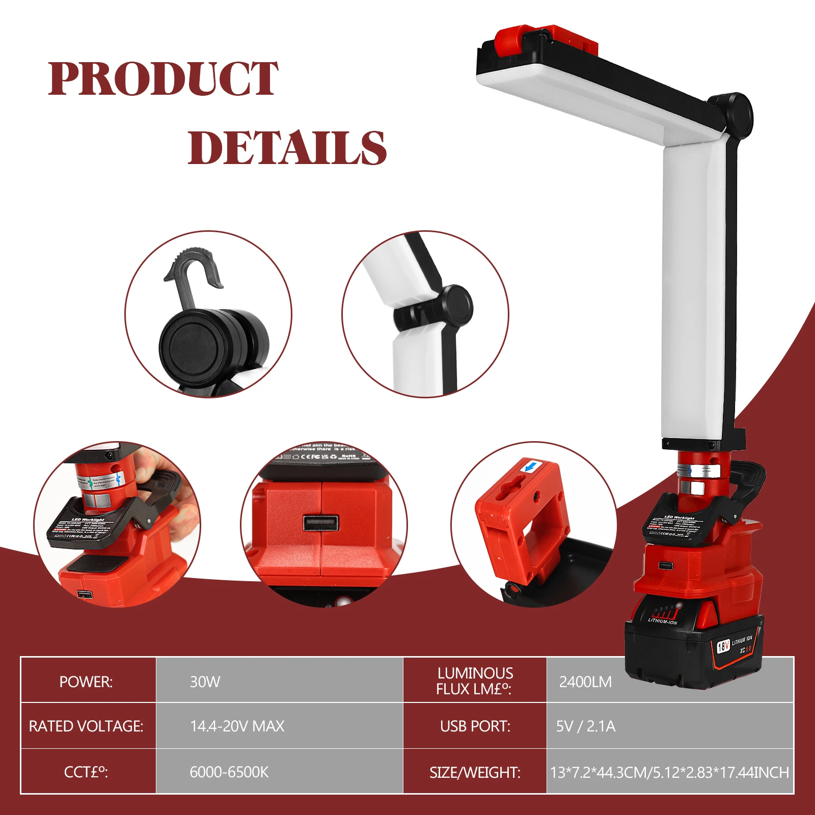 30W 18V-20V LED Flashlight Outdoors Spotlight Light for Milwaukee &M18 48-11-1811 Lithium Battery Outdoor Lighting with USB