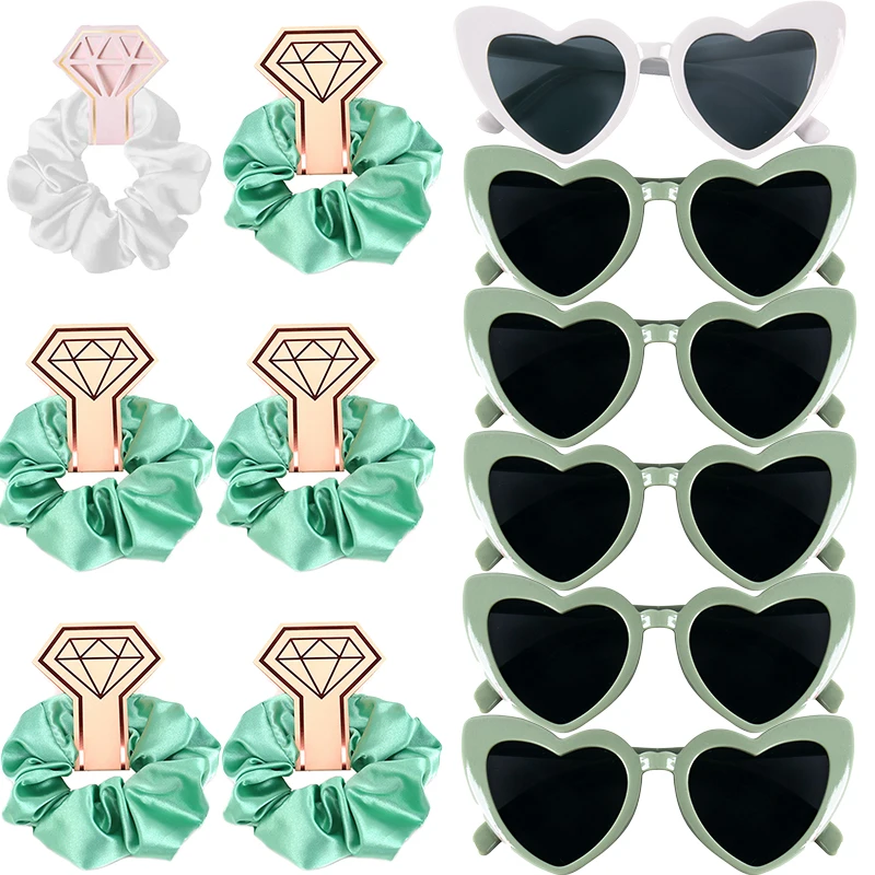 

Bachelorette Party Favors Green White Pink Satin Hair Ties Set with Heart Shaped Sunglasses Bridal Shower Wedding Supplies