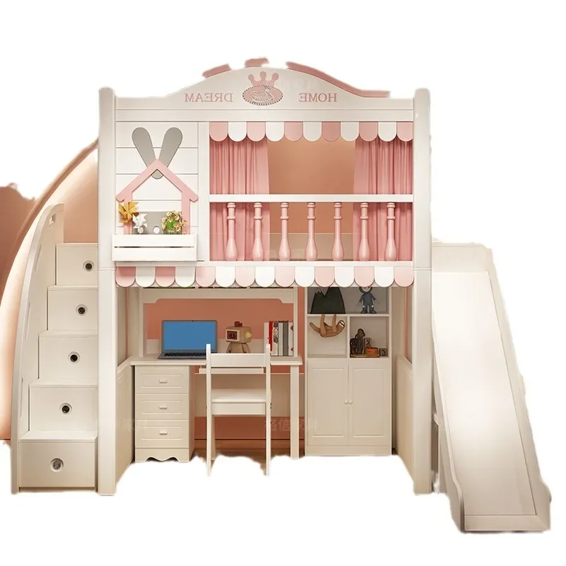 Best-selling wooden children's bedroom loft bunk bed, playful style, versatile, with storage space