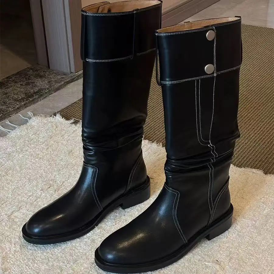 

Women Brown Patent Leather Knee High Boots Ruched Design Button Decor Round Toe Flat Heel Fashion Casual Daily Boots Outdoors