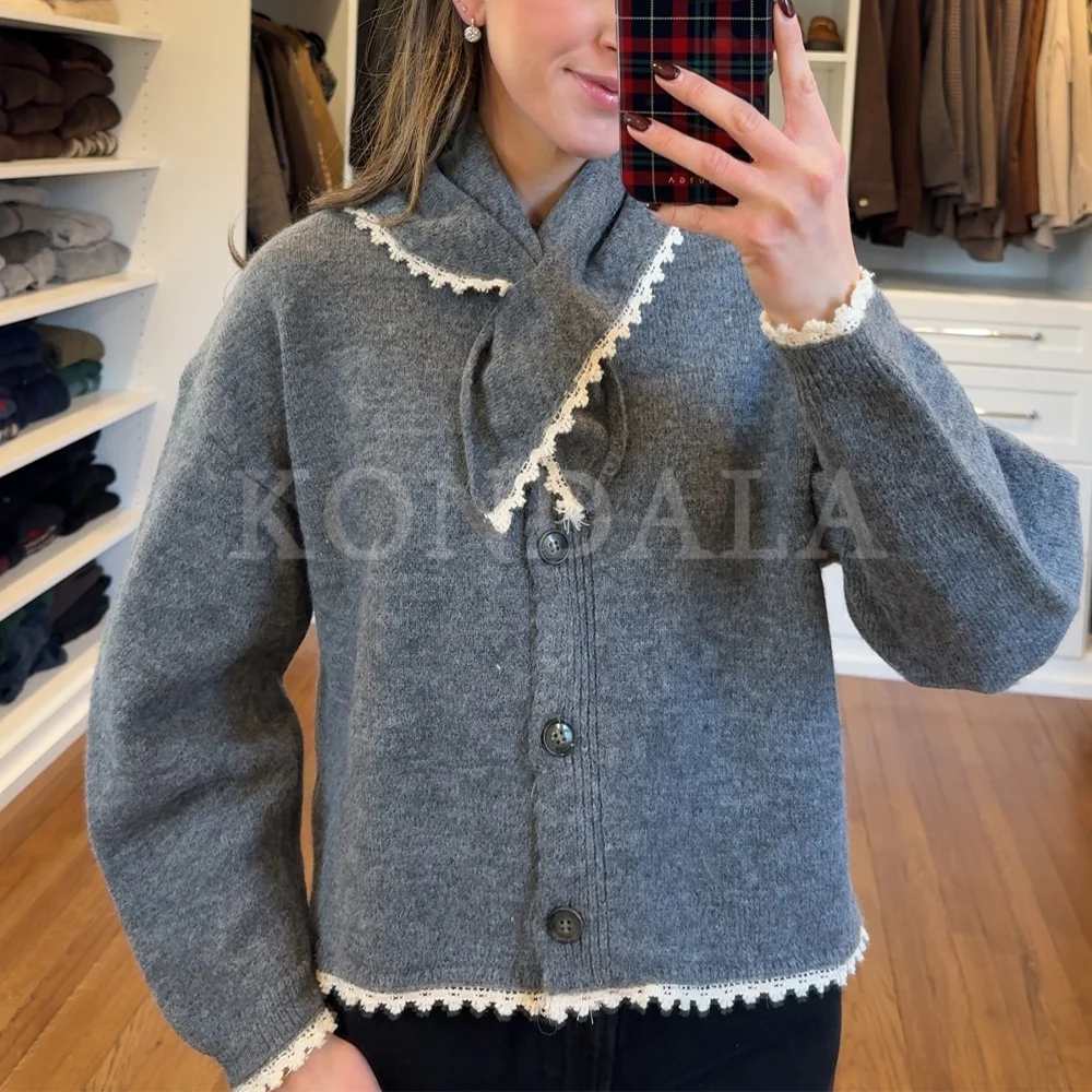 KONDALA 2026 겨울 봄 우아한 여성 스카프 칼라 여성 코트 패션 캐주얼 패치워크 레이스 신년 파티 여성 코트