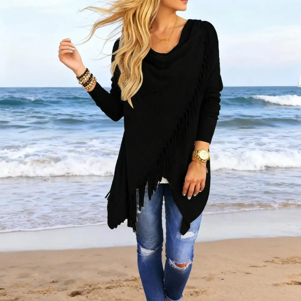 Women Coat Women's Tassel Hem Shawl Cardigan Asymmetric Fringe Pullover Poncho Cowl Neck Wrap Cape Outerwear Coat Polyester