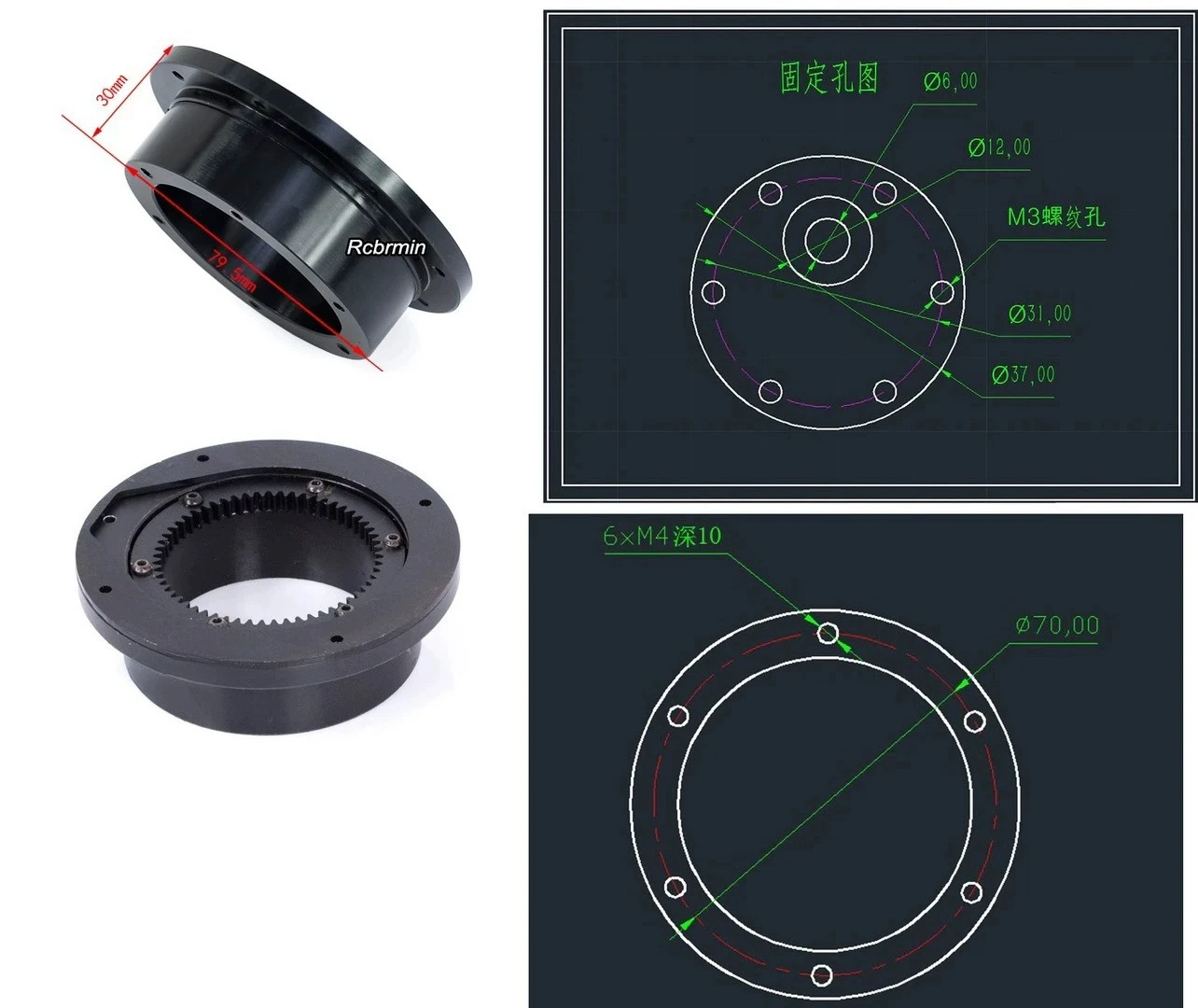 1/12 Scale RC Hydraulic Excavator Slewing Ring Bearing, 30mm/40mm Height Rotation Support for Model Construction Machinery