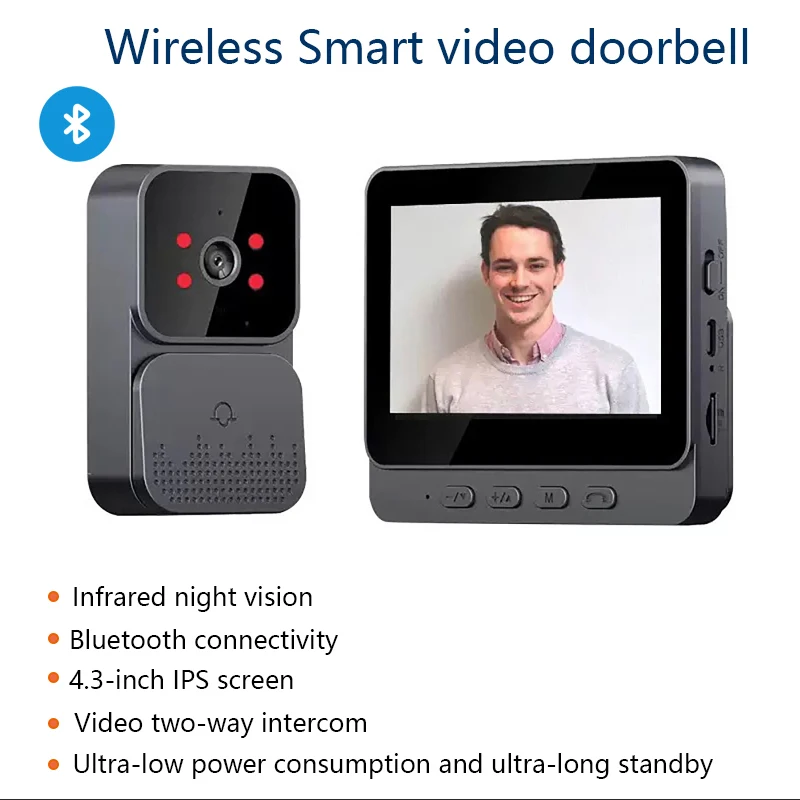 

4.3-inch Display Wireless Smart Video Doorbell Video Two-Way Intercom Automatic Shooting Automatic Recording Surveillance Camera