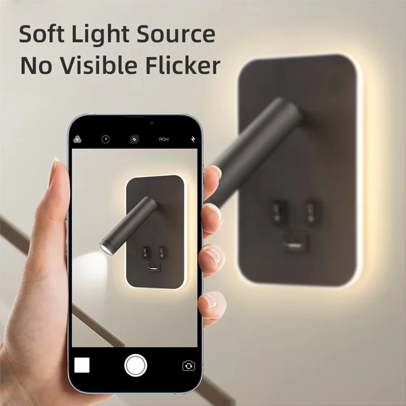 ABKO-مصباح حائط بجانب السرير مع مفتاح USB ومنفذ مثبت على الحائط وأضواء كشاف LED وخزانة إضاءة جدارية
