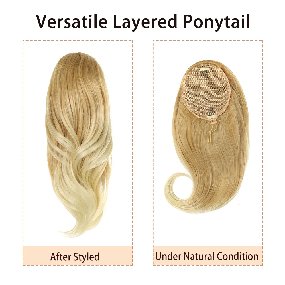 22Inch Micro-Curly Drawstring Ponytail Ombre Blonde Synthetic Hair Extensions Wavy Fake Pony Tail Heat Resistant for Women Party