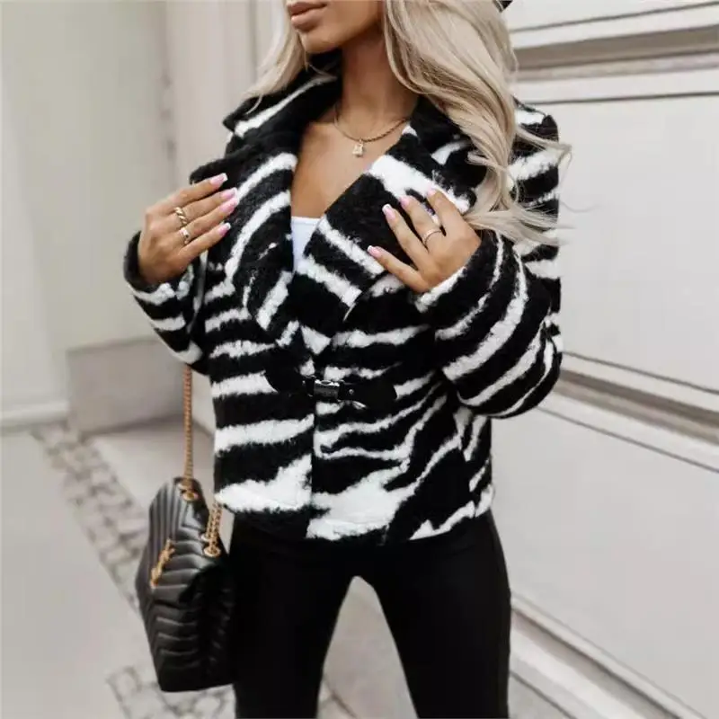 

Women's Autumn Winter Zebra Print Woolen Coat Long Sve Turn-down Collar ort Jaet Thiened Cotton Clothes