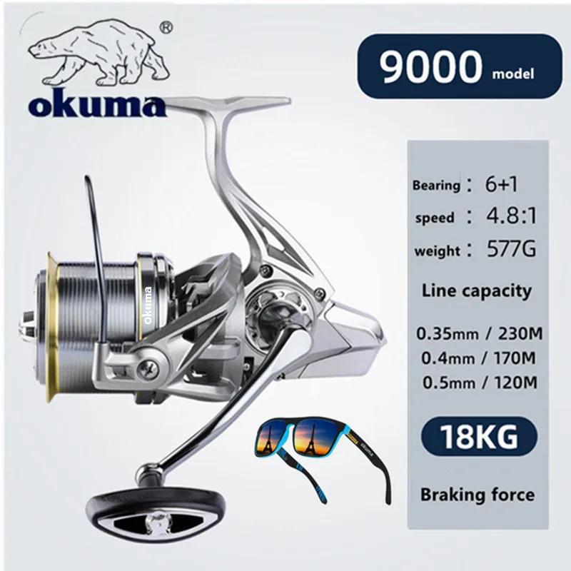 OKUMA 8000-14000 Angelgerät, maximaler Widerstand 4,8:1, 20 kg lange Linse, Meerwasser- und Süßwasser 17+1 Lager, feste Spulenrolle